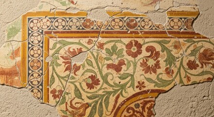 Close-up of a damaged floral mosaic tile with green leaves and red flowers on a beige