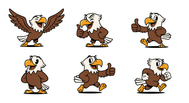 Cartoon Eagle Character Set with Various Poses and Gestures.