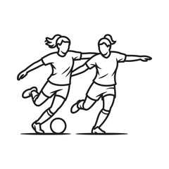 Fototapeta premium Two female soccer players in action a black and white line drawing
