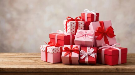 Pile of red and white gift boxes with red bows on wooden.