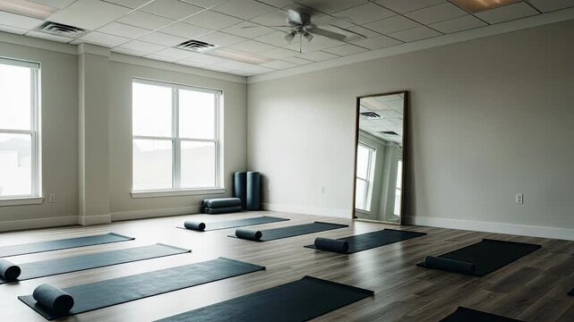 Serene Yoga Studio with Mats with Mirror, and and Natural Light.