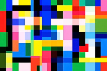 Abstract colorful pixelated pattern with bright squares in blue, green, red, yellow, black, and white creating vibrant digital mosaic with modern artistic feel