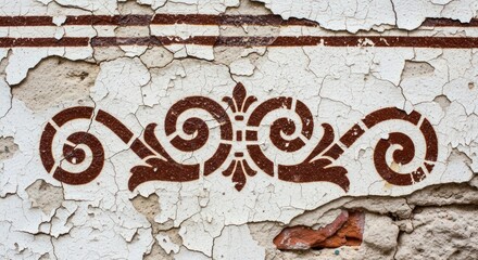 Close-up of a weathered wall with peeling white paint and a brown decorative design