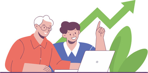 Mentorship teamwork driving business growth with upward arrow flat vector illustration