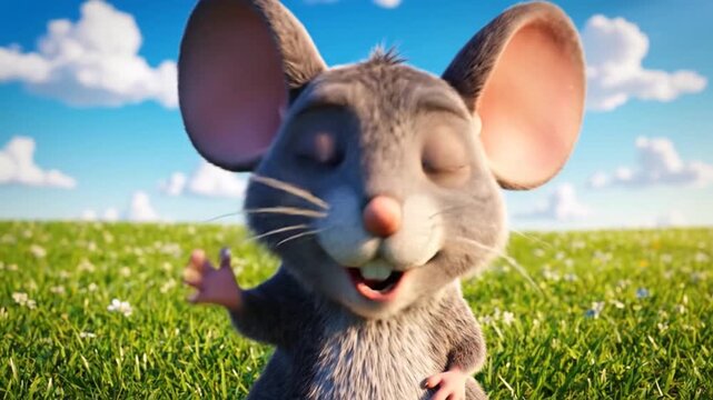 Animated mouse character smiling and waving in a sunny field with blue sky.