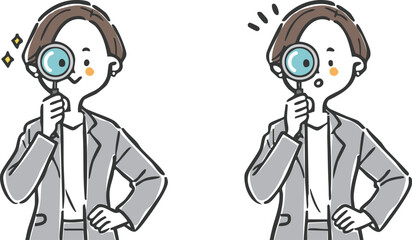 虫眼鏡をのぞくビジネスウーマン　上半身　ベクター