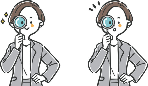 虫眼鏡をのぞくビジネスウーマン　上半身　ベクター