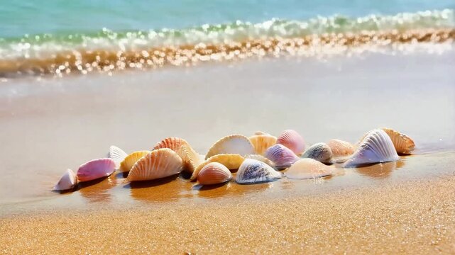 A collection of various seashells resting gracefully on a sun-kissed beach, with gentle waves lapping nearby. The scene evokes a sense of peace and natural beauty