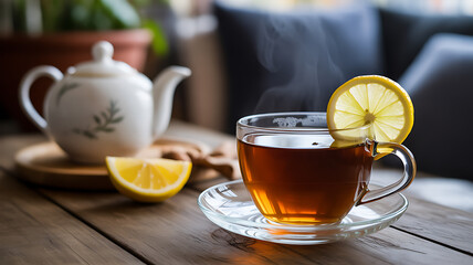 Steaming cup of tea with lemon slice on a wooden table, accompanied by a teapot and fresh lemon