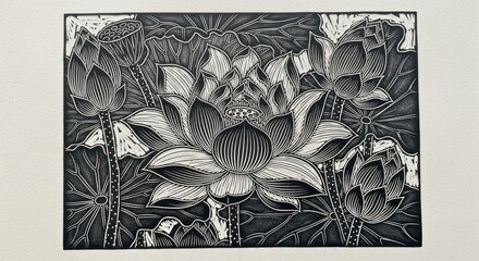 Monochromatic illustration of lotus flowers and leaves on a gray background.