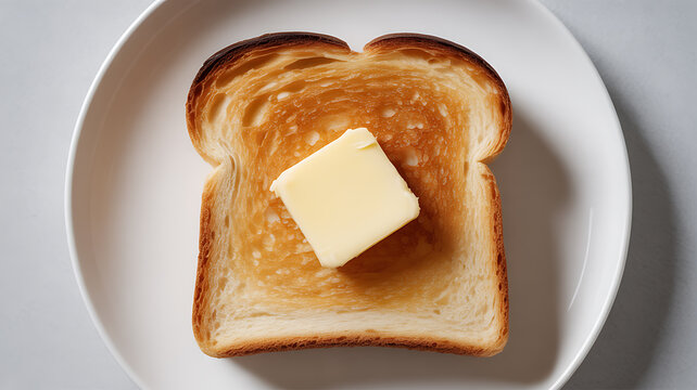 A slice of toasted bread with a pat of butter on a white plate