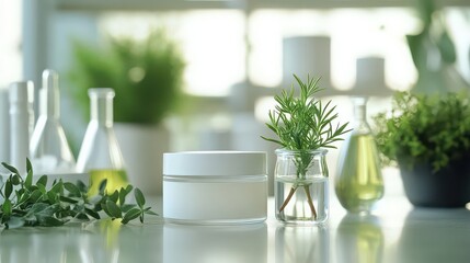 Assortment of elegant cosmetic containers including a clear glass jar with a silver lid and a dropper bottle holding golden serum rests near delicate greenery signaling natural skincare formulation.