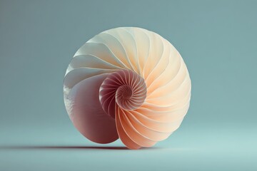 Spiraled shell with soft minimal gradients in beige and light pink tones on smooth blue background, showcasing natural symmetry and delicate texture in calm setting