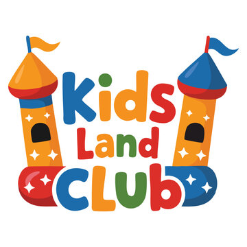 Promo sign for Kids Land Playground and Entertainment Club with colorful bouncing castle ideal for children's play space entertainment and fun activities