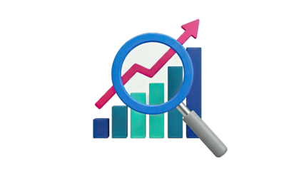 3D Bar Chart with Magnifying Glass and Upward Trend Arrow