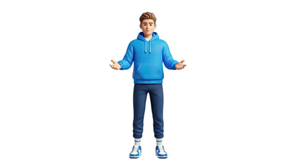 3D Cartoon Character: Young Man in Blue Hoodie and Trousers