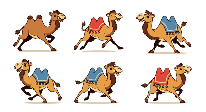 Set of six cartoon camels in various running poses with colorful saddles.