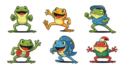 Naklejka premium Set of Six Cute Cartoon Frogs in Different Outfits and Poses.