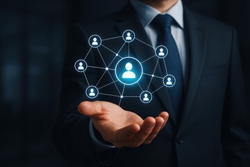 Digital Network in Hand: A refined executive extends a hand, cradling a luminous, interconnected network symbol. Representing leadership and digital connectivity