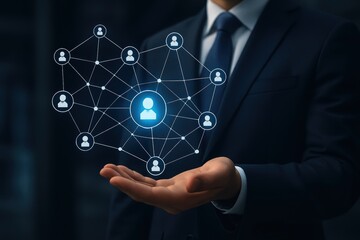 Fototapeta premium Digital Network: A corporate professional extends a hand, showcasing a glowing digital network that symbolizes collaboration and interconnectedness.
