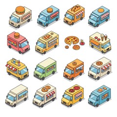 Food trucks with various cuisines isometric illustration