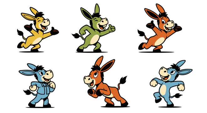 Set of six cartoon donkeys in different colors and poses.