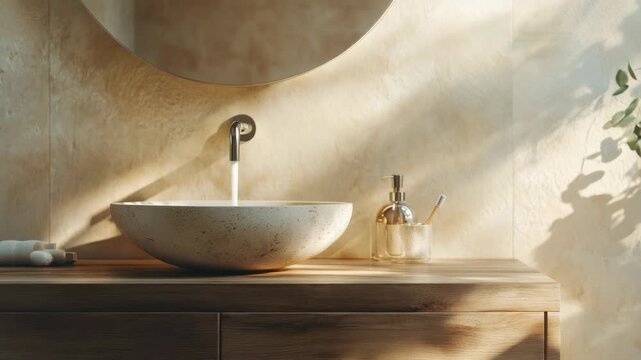 Modern bathroom interior featuring a round mirror, basin sink, wooden cabinet and decorative vases on the countertop. Natural light streaming in from windows creates soft shadows