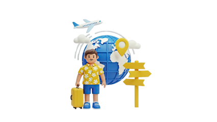 3D Man with Suitcase Ready for World Travel