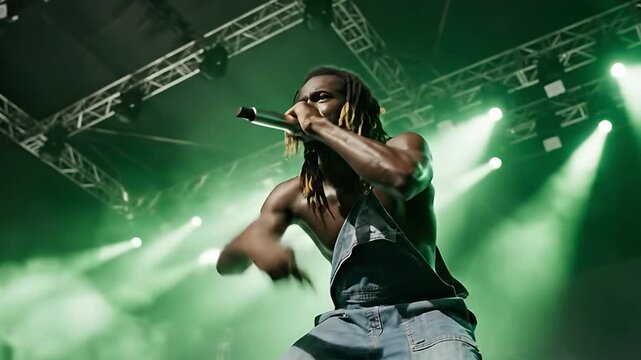 Cinematic Low Angle Shot of Shirtless Hip Hop Artist with Dreadlocks at Concert
