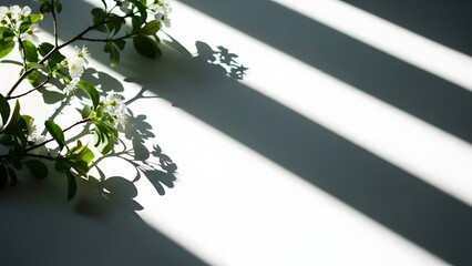 Sunlight streaming through window blinds with green plant silhouette