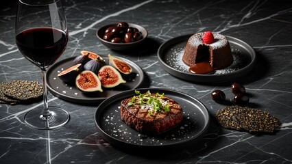 A luxurious dessert setting featuring chocolate, figs, and wine on a marble surface