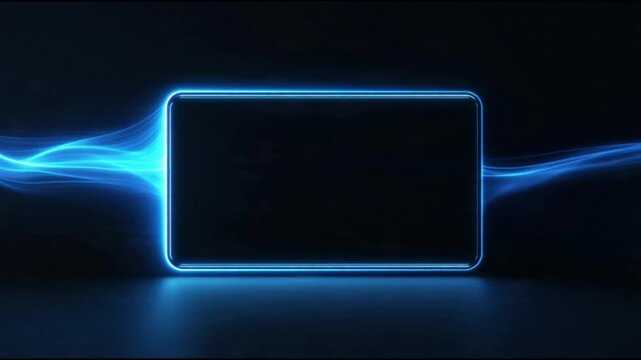 A cinematic wide shot of a glowing neon rectangle surrounded by blue light trails in a dark environment