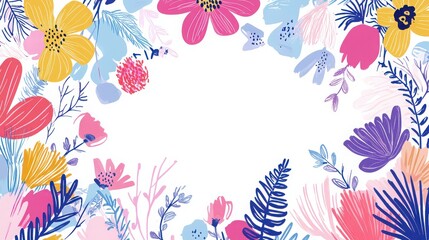 Vibrant abstract border frame featuring bold organic shapes and dynamic patterns in bright contrasting colors surrounding a clean central copy space for modern graphic design projects