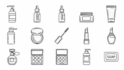 Collection of hand-drawn beauty and cosmetic products icons.