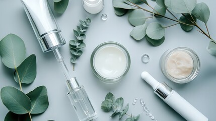 Essential oil formulation layout featuring amber dropper bottle surrounded by eucalyptus leaves glassware and laboratory tools set against a soft pastel mint background for natural beauty concept