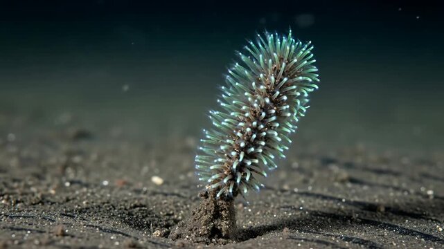 Close-up of a vibrant feather-like sea pen emerging from dark sand on the ocean floor, showcasing marine biodiversity.