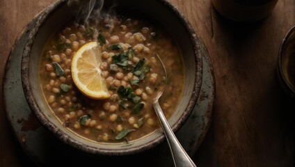 Rustic bowl of steaming hot homemade lentil soup with lemon.