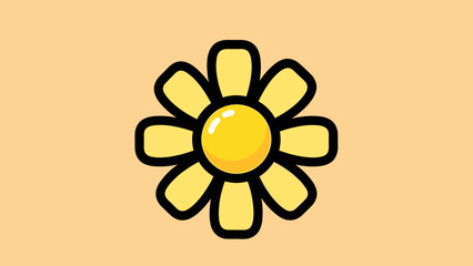 Cartoon Yellow Flower with Black Outline and Round Center.