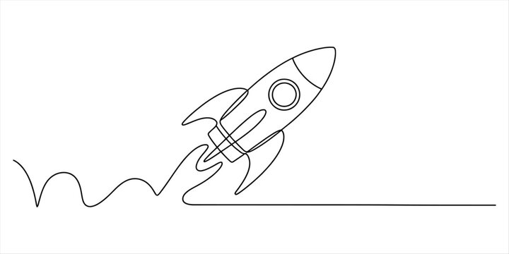 Simple continuous line drawing illustration of a rocket launching against a white background Vector, illustration