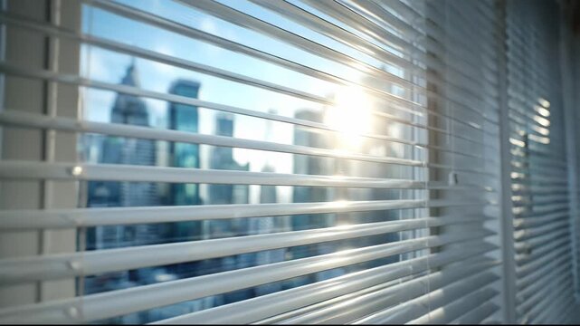Morning Sunlight Through Window Blinds with City View