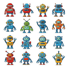 Collection of Colorful Cartoon Robots on White Background.