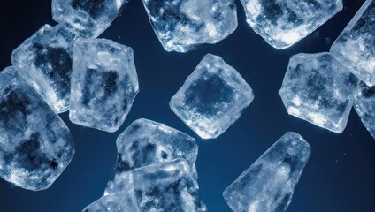 Scattered clear ice cubes on a dark blue background.
