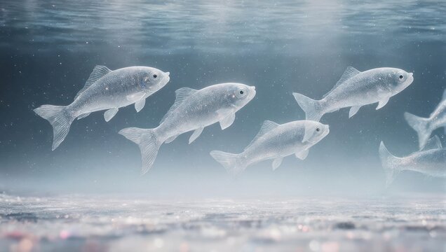 School of Silver Fish Swimming in Murky Water.