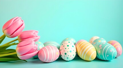 Decorated Easter Eggs and Pink Tulips Arranged on Light Turquoise Background for Springtime Celebration