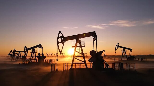 Oil rigs silhouette against a vibrant sunrise sky with fog