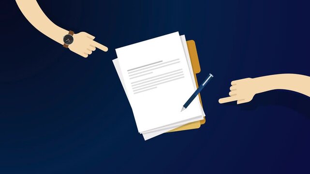 contract signing and document review process with business hands pointing at paper folder