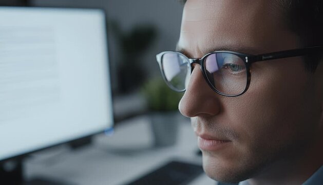 Man working at computer screen wearing glasses indoors