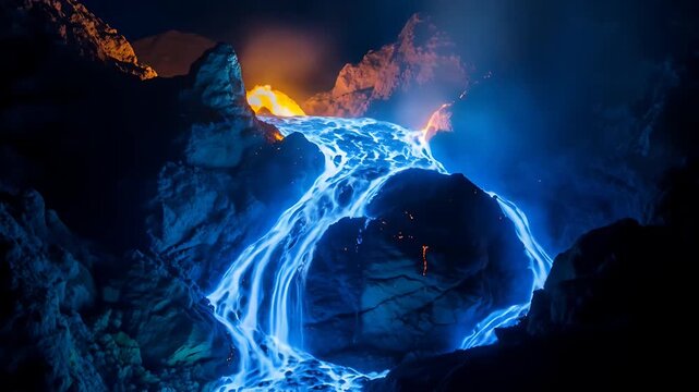 Ethereal blue fire waterfall glowing in volcanic landscape at night, a unique natural wonder