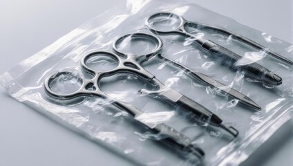 Sterile surgical instruments in a sealed plastic package ready for use.