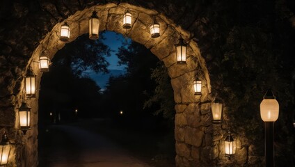 Stone Archway Illuminated by Lanterns at Night.